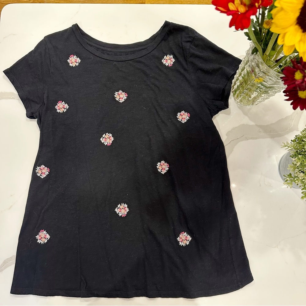 LOFT black embroidered floral top